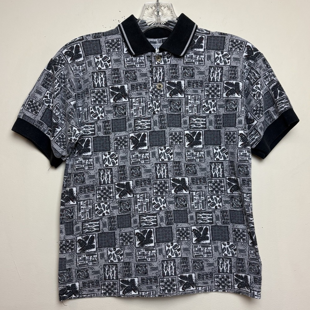 Basic Image Boy's M (10/12) Gray Black White Knit Collared Polo 90s